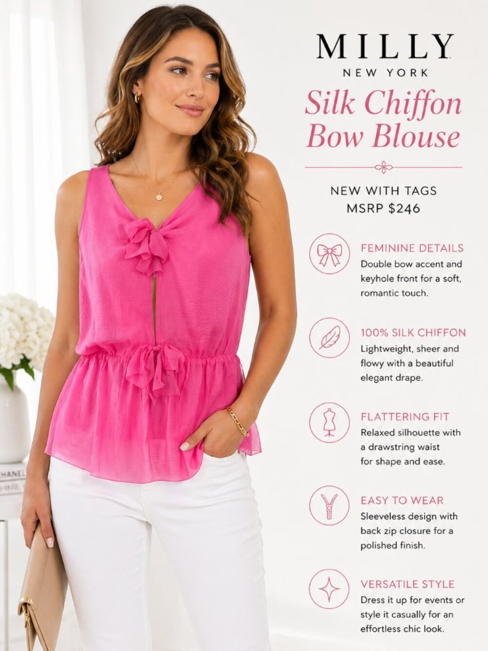 Milly Silk Chiffon Bow Blouse Pink Sleeveless Keyhole Flowy Top Coquette